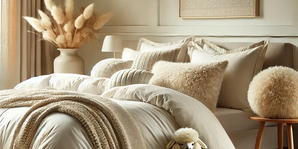 DALL·E 2024-12-03 16.21.57 – A stylish and serene bedroom setting with alpaca wool bedding, including a duvet and pillow set on a neatly made bed. The alpaca wool products are sho